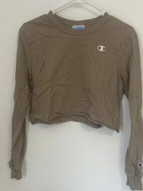 Champion Brown Cropped Long Sleeve Top Small Raw Hem